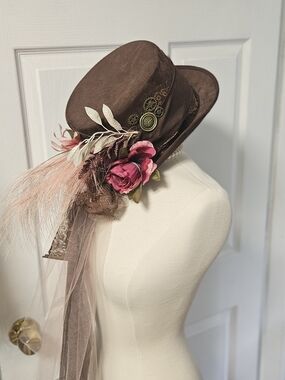 Spirit Brown Steampunk Top Hat with Pink Rose Accents